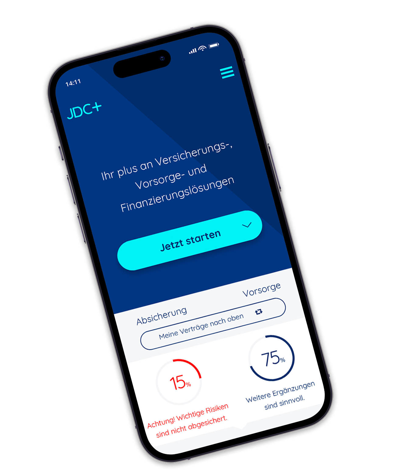 Smartphone zeigt Startbildschirm der Versicherungs-App mit dem Button 'Jetzt starten'.