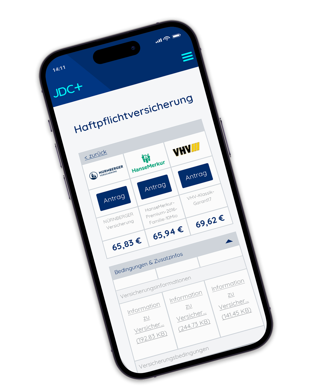 Smartphone mit Anzeige verschiedener Haftpflichtversicherungen und Preisen.