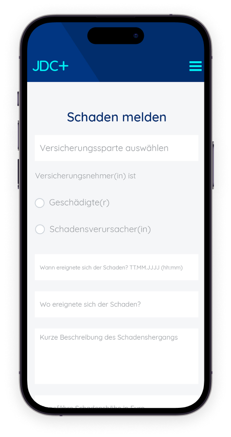Smartphone zeigt Formular zur Schadenmeldung in einer Versicherungs-App.