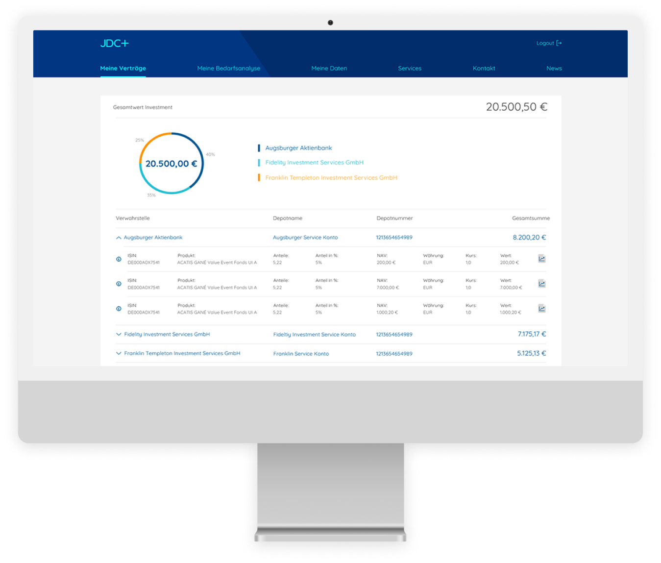 Desktop-Ansicht zeigt Übersicht eines Investment-Portfolios mit Tortendiagramm und Depotdetails.